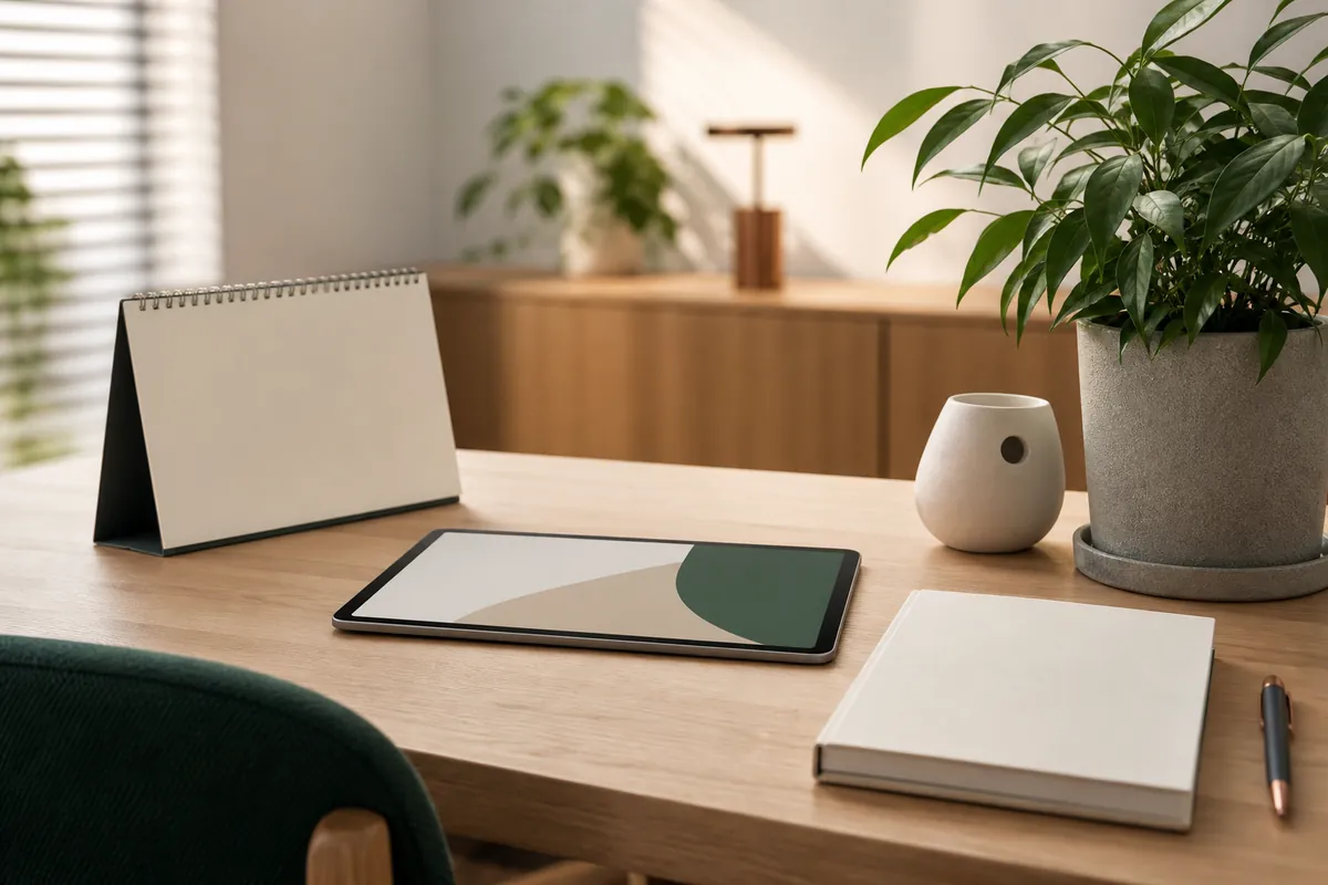 明るい木のデスクにタブレットと余白のノート、観葉植物を配置した編集用のイメージ写真。AI生成の再現イメージで、特定の企業・人物・ロゴ・文字情報は含まれません。